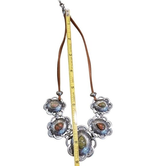 Unakite Tear Drop Stone Southwestern Medallion Stainless  Necklace  Statement - Picture 7 of 8